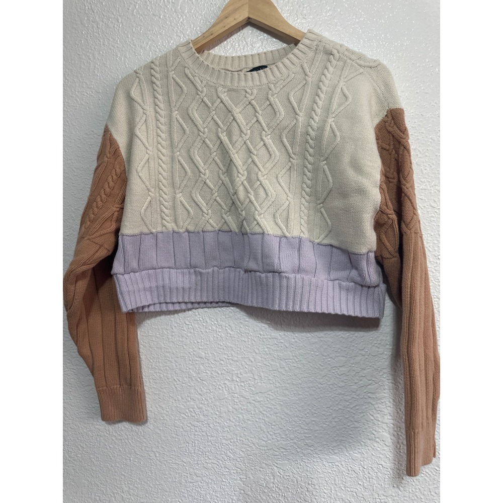 Kendall & Kylie Cream Cable Knit Cropped Color Block Sweater Small - Picture 2 of 7